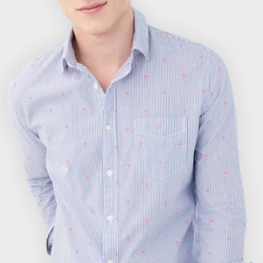 AEROPOSTALE blue/white stripe button down shirt w/pink palm tree print XL